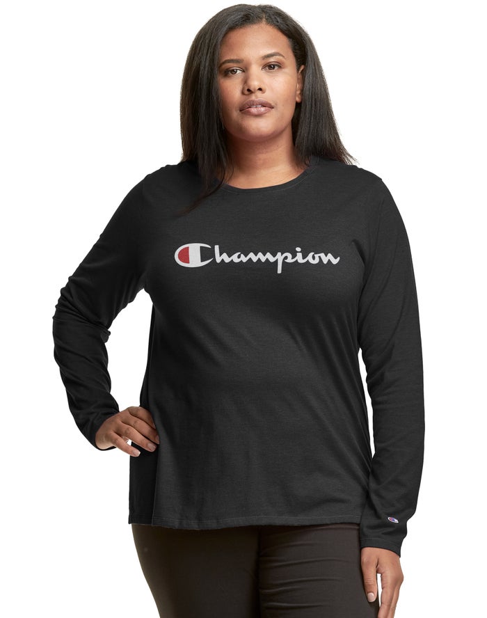 Champion Plus Classic Long-Sleeve Script Logo T-Shirt Dames - Zwart - Belgie 2065XCFTK